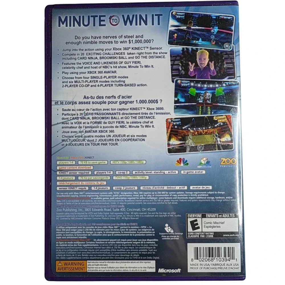 Minute to Win It Xbox 360 Kinect Guy Fieri Game Show Zoo Publishing